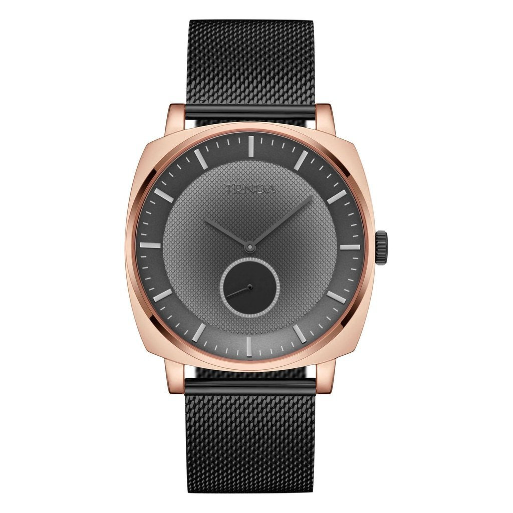 Trnda Men's Rose Gold Stainless Steel Watch, Black Mesh Band | Trnda45mm